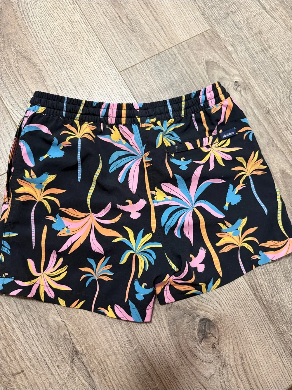 chubbies Black Tropical Palm Print Shorts with Pink, Blue & Yellow Accents